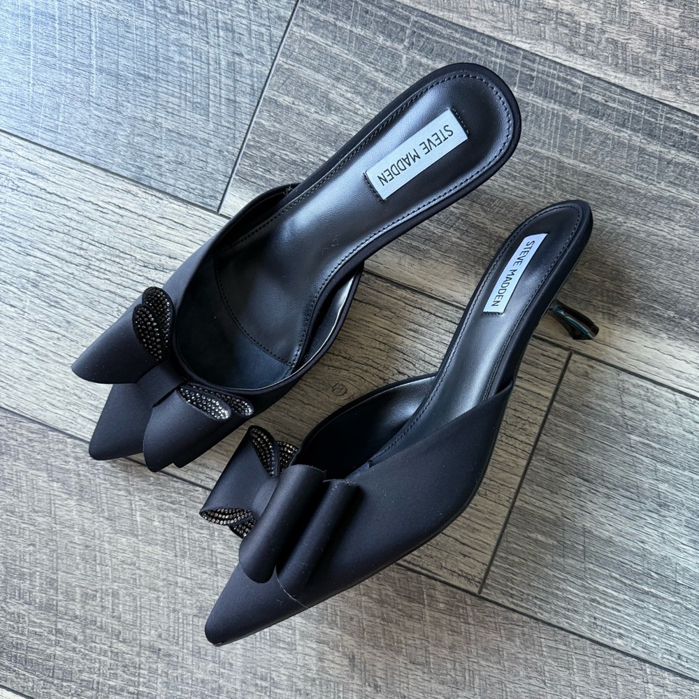 NWT Steve Madden Method Mule Slide Heels Black Satin Bow Evening Size 11